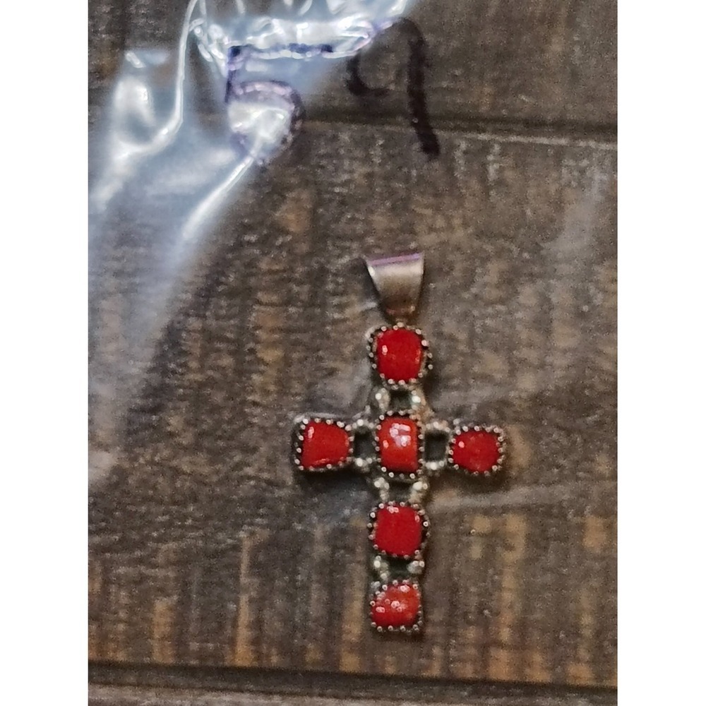 Running Bear Sterling Silver Red Coral Cross Pendant Native American Navajo RB